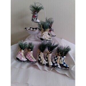 Pair of Resin Ice Skate Christmas Ornaments 4 x 6" Checks Hand Painted by me